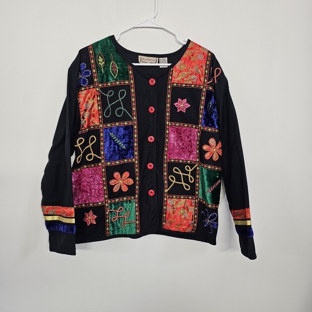 Vtg New Direction Small Embroidered Patchwork Jacket Linen Blend Artsy Hippie